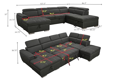 THSUPER 127'' Microfiber Oversized U-Shaped Sectional Sleeper Sofa Couch with Pull-Out Bed, 7-Seat Sofas Couches with Adjustable Headrests and Storage Chaise Ottoman for Living Room. Charcoal Grey - Thumbnail 2