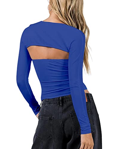 Image of Women 2 Piece Long Sleeve Y2K Cardigan Bolero Shrug Set Strapless Going Out Crop Top 2023 Fashion T-Shirt Tank Tops