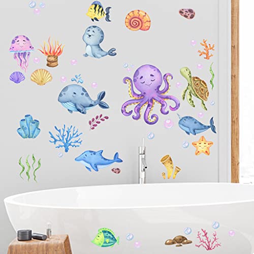 Arquiel Under The Sea Wall Decals Ocean Whale Jellyfish Cartoon Bathroom Wall Stickers For Boys Kids Bedroom Nursery Room #TOP1