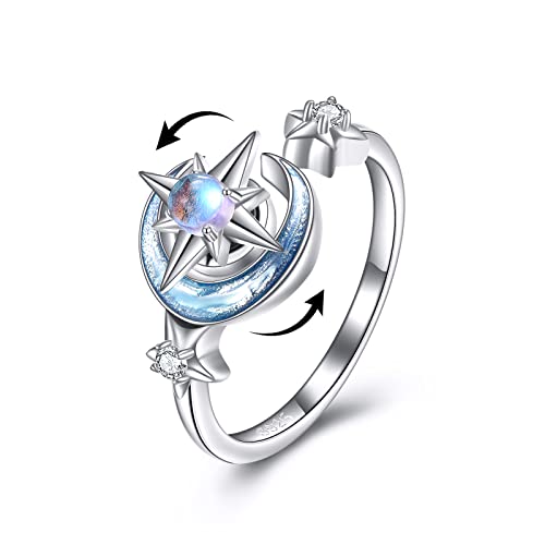 VONALA Fidget Anxiety Rings for Women Sterling Silver Moon Star Adjustable Rings for Anxiety Spinner Ring Stress Relief Rings (Moonstone)
