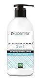 Gel de ducha y Champú dos en uno Ecológico certificado por BIOCOSMESI Suolo e Salute y certificado Vegano por VEGAN ATTITUDE. Botella Ecofriendly con plástico reciclado (min 50%).