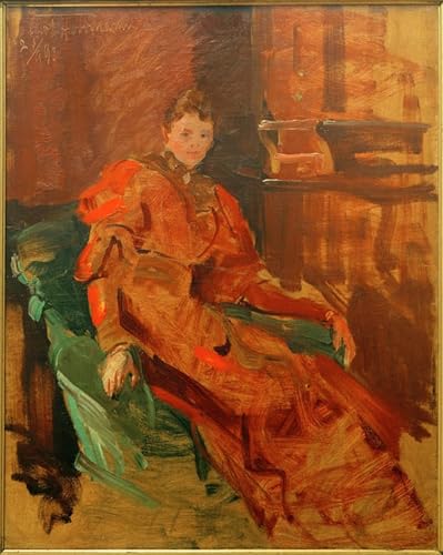 Tableau Dame en robe rouge sur fauteuil vert Curt Herrmann Image Sur Toile 60x90cm