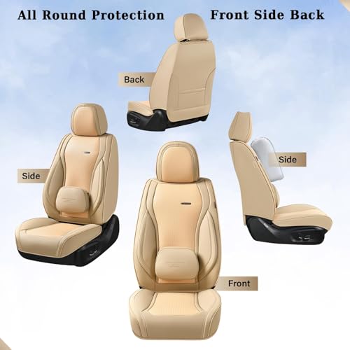 Image of Coverado Car Seat Covers Full Set, Beige Seat Covers for Cars, Waterproof Nappa Leather Automotive Seat Covers with Lumbar Head Pillow, Car Seat Protectors, Universal Fit for Most Cars SUV