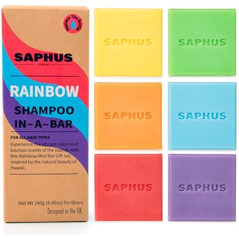 SAPHUS 6Pcs Shampoo Bars for Hair (8.46oz), Shampoo Soap Bar Set for Women and Men Travel, Natural Ingredients, Sulfate Free Solid Shampoo for Dandruff, Oily Hair, Rainbow Cover