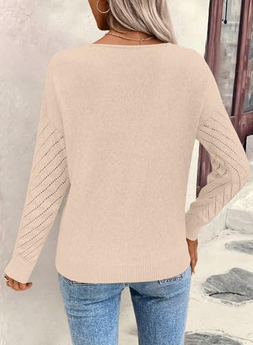 SHEWIN Womens Sweaters V Neck Long Sleeve Shirts Knit Hollow Out Crochet Sweater Fall Outfits for Women 20253