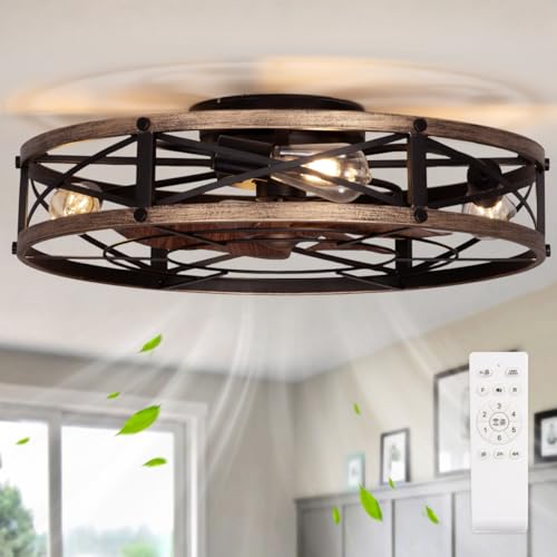 SHLUCE 24' Farmhouse Flush Mount Ceiling Fans with Lights, Caged Low Profile Enclosed Ceiling Fans...