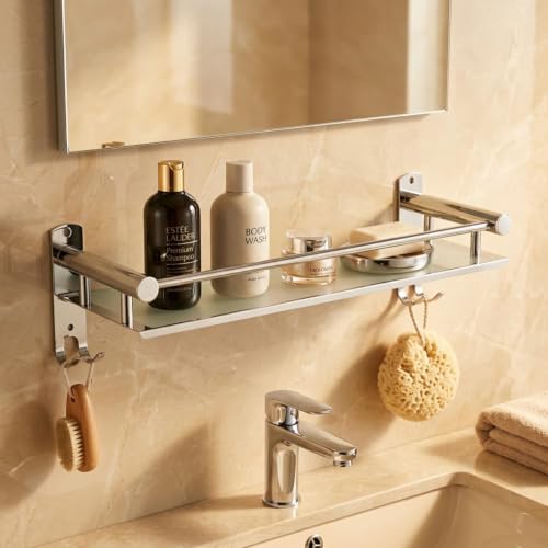 Image of Well Set Stainless Steel Double Layer Bathroom Shelf | Wall Mounted Rack with Towel Bar & Hooks