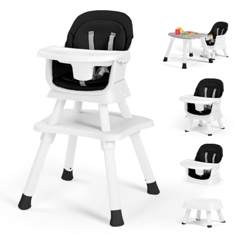 Image of Kinder King 8 in 1 Baby High Chair, Coverts to Dining Booster Seat/Kids Table & Chair Set/Toddler Building Block Table/Kids Stool, Removable Tray & Double Seat Cover, Easy to Wipe, White