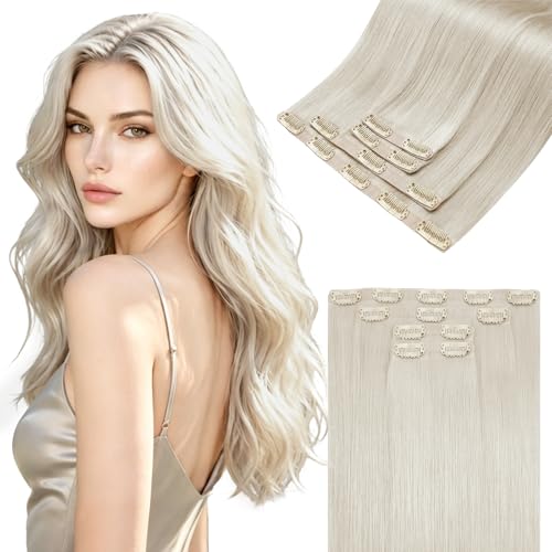 Image of LaaVoo Seamless Clip in Hair Extensions Platinum Blonde Hair Extensions Clip in Human Hair Invisible Clip on Extension Silky Straight Hair 16Inch 4pcs 80g