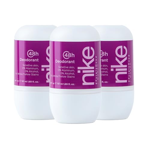 NIKE - Purple Mood Pack de 3 x 50 ml, Desodorante Mujer Roll-On, Desodorante Antimanchas para Piel Sensible, 0% Alcohol y 0% Sales de Aluminio, de Larga Duración, Fragancia Floral Gourmand
