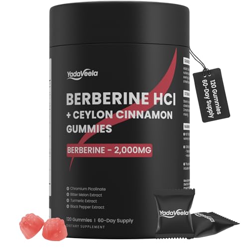 Berberine HCl Gummies Supplement 2000mg High Potency Berberine with Ceylon Cinnamon Chromium and Bitter Melon for Women & Men Metabolism Support AMPK Sugar Free Vegan 120 Count 60 Day Supply