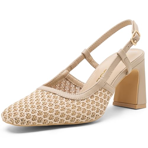 Vepose Women's Mesh Raffia Slingback Pumps - Approx 3 Inch Chunky Block Heel, Comfortable Soft Square Closed Toe Dress Shoes for Business Casual Office Work Wedding