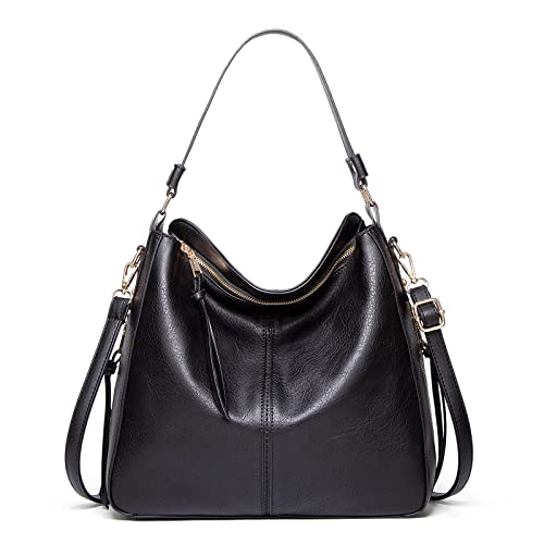 Bolsas hobo femininas vintage causal bolsa de ombro grande feminina de couro pu multifuncional bolsa transversal mensageiro (Preto)