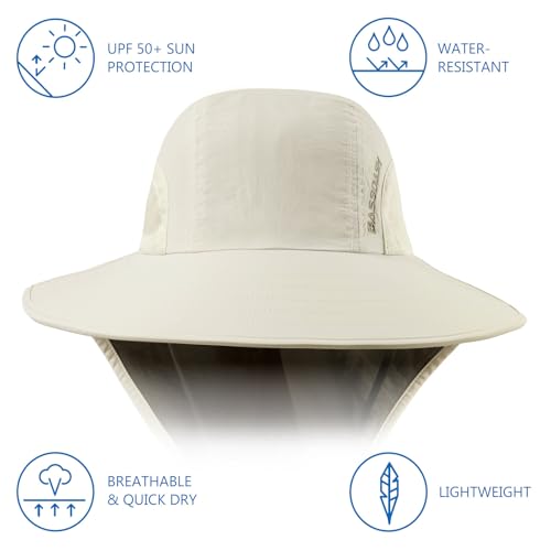 Image of BASSDASH UPF 50+ Unisex Water Resistant Wide Brim Sun Hat with Large Neck Flap Ponytail Fishing Hat for Men Women
