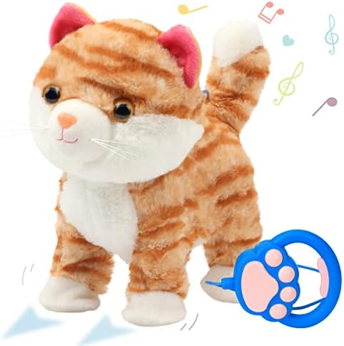 Cuteoy Walking Kitty Plush Toy Pet Remote Control Leash Stuffed Musical Orange Cat Animal Meows Wagging Tail Electronic Gifts for Kids Birthday 9.5”