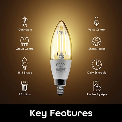 Geeni Lux Edison B11 Filament Wifi Led Smart Bulb, B11 Candelabra, 4W, E12 Base, Dimmable, White Light, Compatible With Amazon Alexa & Google Home - No Hub Required- 2 Pack #TOP1