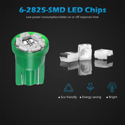 Partsam 10Pcs 194 168 Led Bulb Green, Super Bright T10 W5W Wedge Gauge Cluster Dashboard Led Light Bulbs 3020-6-Smd 6000K For Car Dome Map Door Courtesy License Plate Lights #TOP4