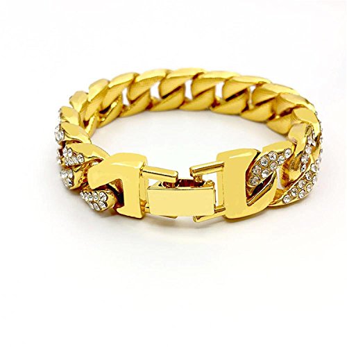 Mens Womens Cuban Link Bracelet Hip Hop Bracelet Stainless Steel Chain Bracelet Iced Out Curb Cuban 18K Gold Plated Bracelet With Clear Rhinestones (A-Gold) #TOP4