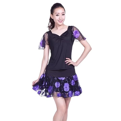 Yhhsgscr Short Sleeve Latin Dance Two Piece Set Salsa Dance Top Tango Short Skirts for Mature Women Cha Cha Dancing Outfit,A,M