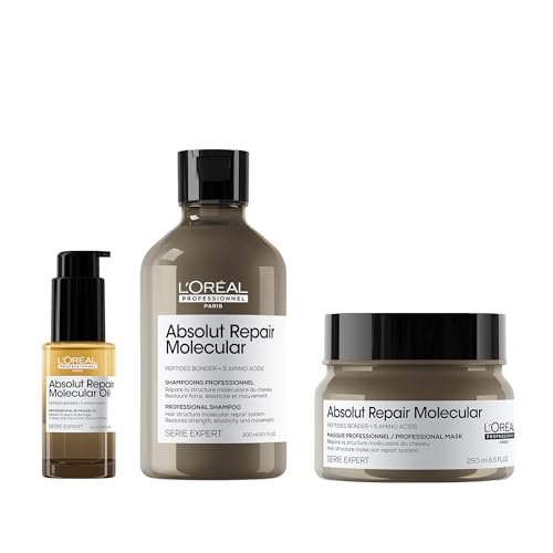 Image of L'Oréal Professionnel Absolut Repair Molecular Shampoo 300ml, Rinse-off Hair Mask 250ml & Bi-phase Hair Oil 30ml, for extremely damaged hair, bond repair, high shine, heat protection