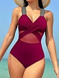 Gyios bañador Traje De Baño Una Pieza para Mujer, con Eslabones Anillo Fruncido, Adelgazante, Playa, Piscina, Verano-s3vino Tinto-XL