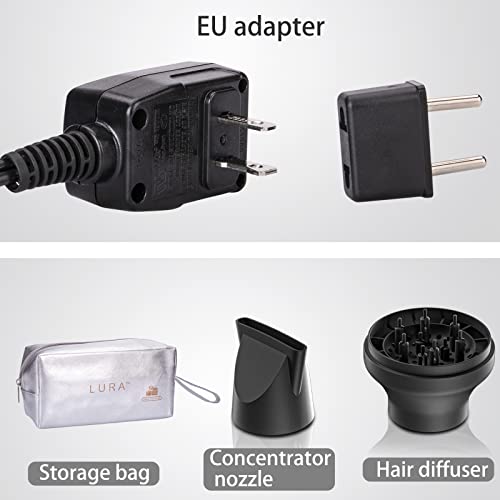 Lura Travel Hair Dryer With Diffuser And Concentrator:mini Blow Dryer With European Plug,Small Dual Voltage Portable Hairdryer With Travel Bag,Compact Lightweight 1200W Blowdryer For Men And Kids #TOP4