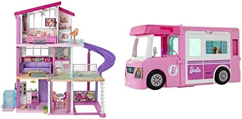 Barbie Dreamhouse Playset - Dollhouse with Wheelchair- Gift For Kids 3+ & 3-in-1 DreamCamper Vehicle - Transforming RV Playset with Pool, Truck & Boat- 3' Length - Gift For Kids 3+