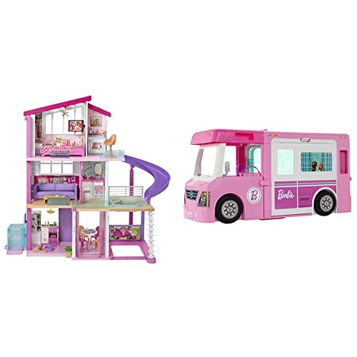 Barbie GNH53 Traumvilla Dreamhouse Adventures Puppenhaus mit 3 Etagen, 8 Zimmer & GHL93-3-in-1 Super Abenteuer-Camper…