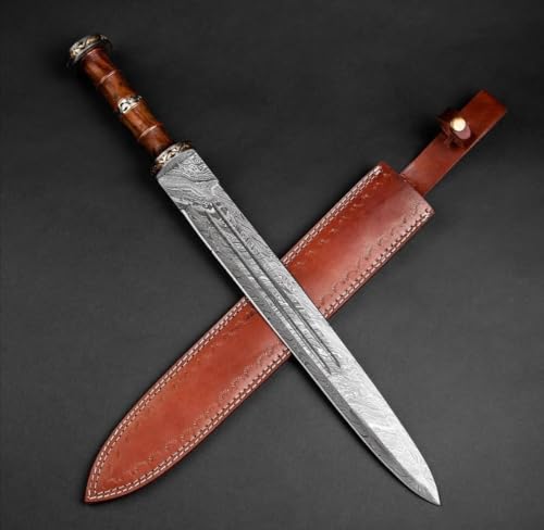 25 Inch Long Double Edge Sharp Hunting Sword Custom Handforged Damascus Steel Survival Sword Rose Wood Grip with Leather Sheath Combat Sword by Empire Industry