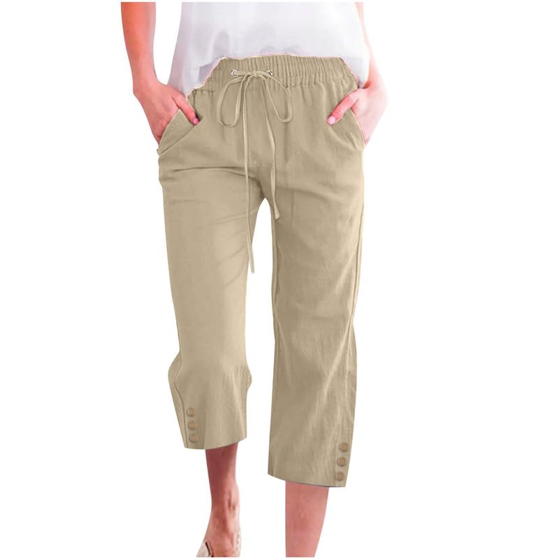 Womens Capris Pants High Waist Drawstring Comfy Casual Lightweight Loose Trousers Buttons Trim with Pockets
