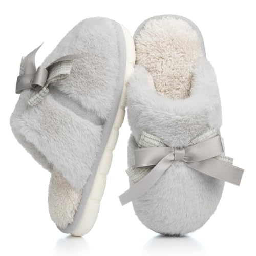 Image of GOEWY Cute Women's Memory Foam House Slippers - Fuzzy Plush Faux Fur Slippers with Bow Butterfly Tie - Anti-Skid Indoor /Outdoor Gifts for Women, Moms & Ladies