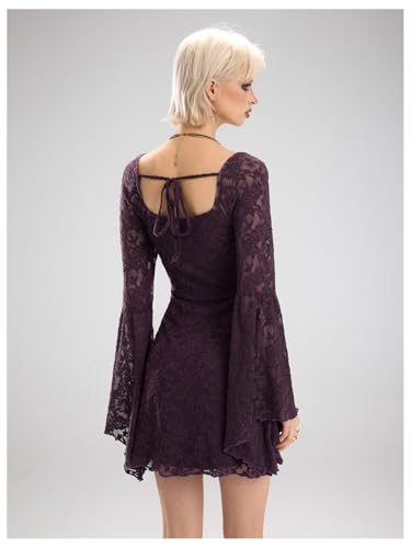 Image of WDIRARA Women's Floral Jacquard Mesh Gothic Dress Bell Long Sleeve A Line Vintage Dresses | Mesh fabric, A-line, vintage