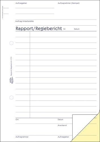 AVERY Zweckform 1770-5 Rapport/Regiebericht (A5, selbstdurchschreibend, von Rechtsexperten geprüft, für Deutschland/Österreich zur Dokumentation der Arbeitsleistung, 2x40 Blatt) weiß/gelb, 5er-Pack