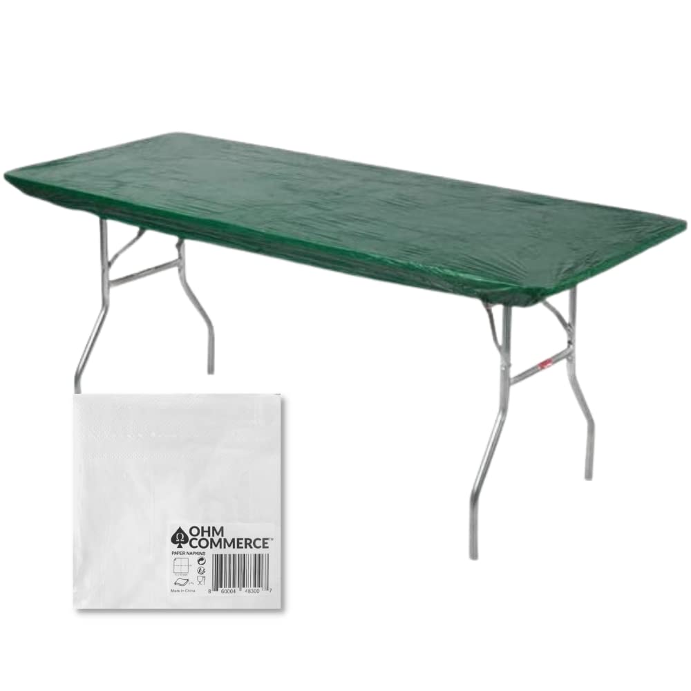 Kwik-Covers 5 Pack of Rectangular Plastic Table Covers Bundle - 70 Paper Napkins Included - for 6' Foot or 8' Foot Tables - (Table NOT Included) (Hunter Green, 30" x 96" (8" Foot Table))