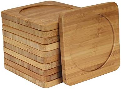 BambooMN Heavy Duty 100% Eco-Friendly Natural Bamboo Coasters – 3.75″ x 3.75″ – Square – 10 Piece Coaster Set