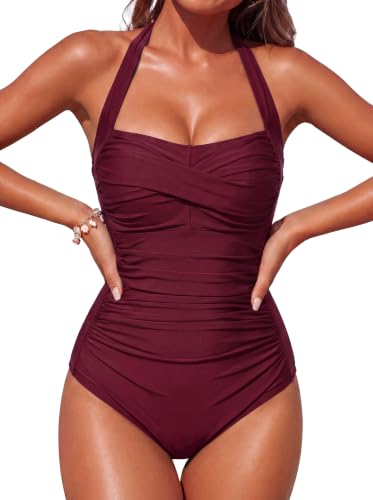Tummy-control halter one-piece swimsuit