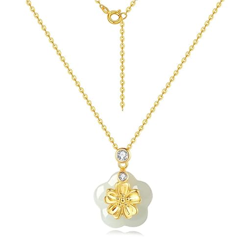 Image of Gold Peach Blossom Necklace with Jade and Pendant, Ideal Birthday or Valentine's Day Gift for Wife or Girlfriend