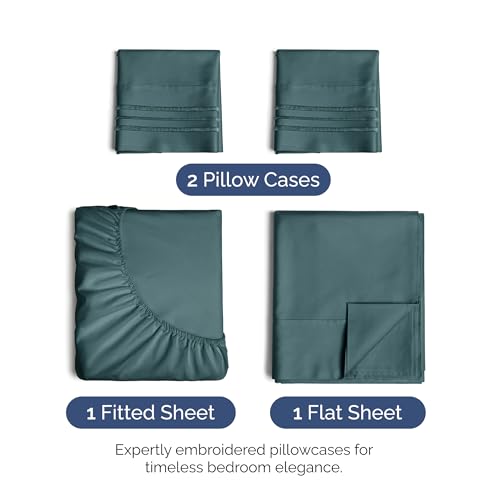 Image of King Size 4 Piece Sheet Set - Ultra Soft & Cooling Bed Sheets - Deep Teal | Fits 8 Inch to 16 inch Mattress, Wrinkle Free & Fade Resistant with Deep Pockets, Breathable, Comfy Hotel Luxury Bedding