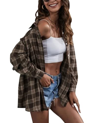 Lumister Women's Casual Oversized Plaid Shirt Long Sleeve Button Down Shirt Blouse Tops(0075-Coffee-M)
