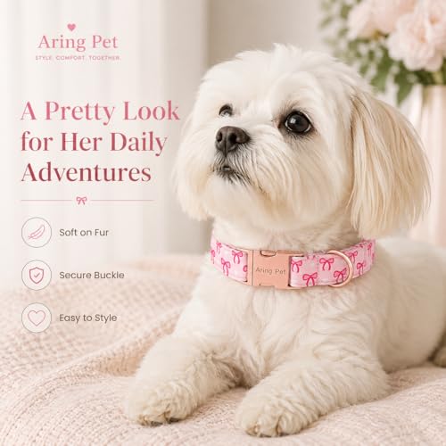 Image of ARING PET Girl Dog Collar for Puppy Small Medium Large Dogs-Pink Bow M | Cute Female Heavy Duty Pet Collars with Metal Buckle for XS S M L XL Dogs, for City Walk Coffee Shop Visit Birthday Party