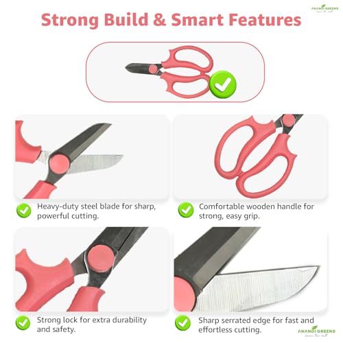 Image of Anandi Green's 5 Stainless Steel Scissors Pointed Tip with Shock Proof Body Ergonomic & Soft Handles for Easy Handling Red Scissor with Cap