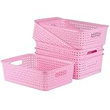 6-Pack Plastic Small Shelf Storage Weave Baskets, Multi-Purpose Pink Open Containers for Shelving Pantry Cabinet Small Stackable Storage Bins for...
