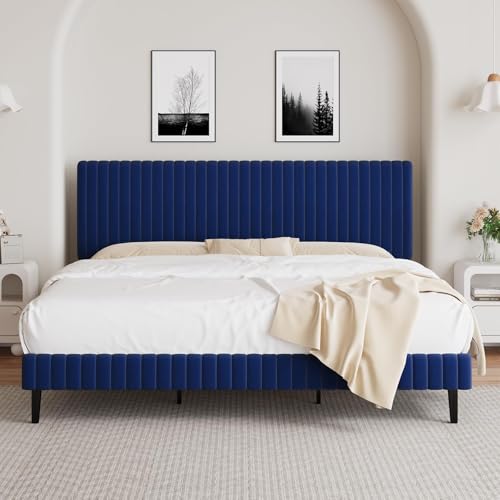 BarnFurin King Upholstered Bed Frame, Adjustable Headboard, Blue