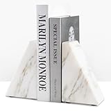 Marble Book Ends White, Heavy Duty Book Ends for Shelves, Decorative Natural Book Stopper，Unique Decorative Bookend for Home Shelves Calacatta Natural Marble Bookend, Set of 2