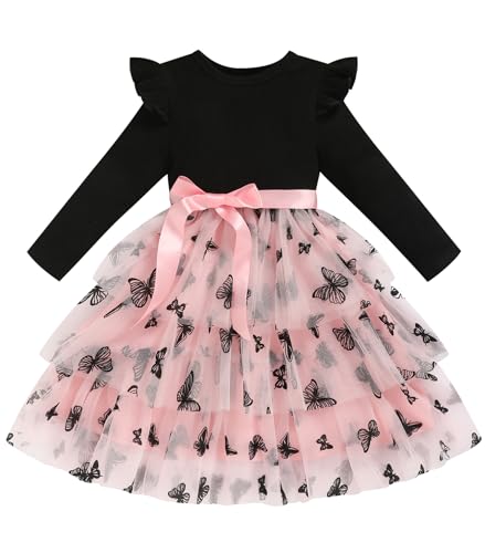 Sinhoon Toddler Dress Girls Ruffle Long Sleeve Layered Tulle Dress Fall Spring Fashion Party Dresses (Black & Pink, 6T)