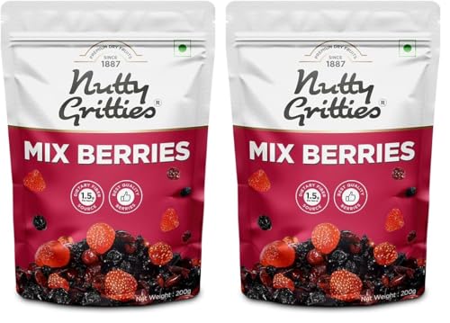 Image of Nutty Gritties Premium Mix Berries 200g | Dried Cranberries, Blueberries, Strawberries & Black Currants | Antioxidant-Rich | Healthy Snack for Kids & Adults | Resealable Pouch (Pack of 2)