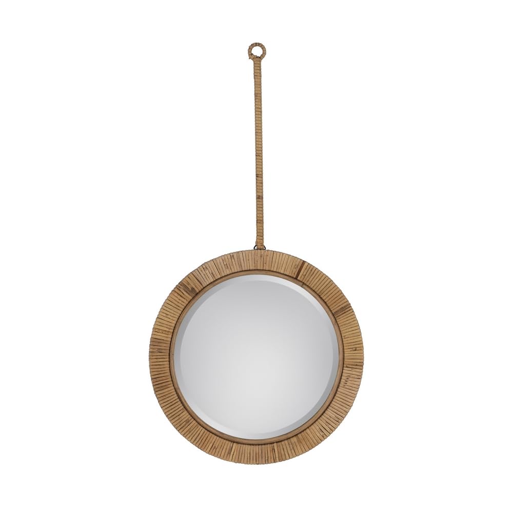 LOLAhome Espejo Redondo Acordonado de Rattan Natural y Cristal de 34x69 cm