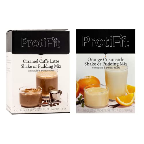 Protifit - High Protein Caramel Caffe Latte & Orange Creamsicle Pudding & Shake Mix 2 Pack, 15G Protein, Low Calorie, Low Fat, Low Carb, Aspartame Free, Idea Protein Compatible, Meal Replacement, 7 Servings Per Box, (2 Pack) #TOP12