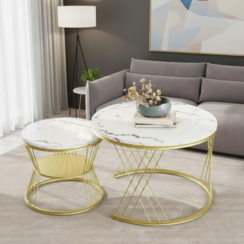 Image of The Round Coffee Table and The Stacking Tea Table with a Gold Metal Frame are Two Versatile Modern Center Tables that Look Great in Living Rooms (X White Gold)