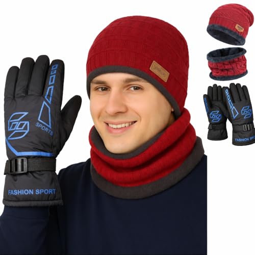 Image of K D Winter Wear 3-in-1 Cap Muffler Gloves Set for Adults | Woolen Beanie cap, Mafler Scarf & Hand Gloves | Thermal, Fleece-Lined, Unisex Winter Accessories (Gloves /cap-Mafler - MAROON RED)